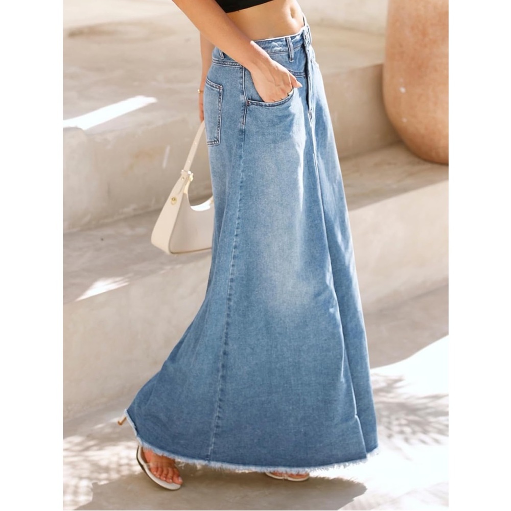 🎉New Boho Light Blue Frayed Hem Jean Denim Pockets Maxi Skirt
